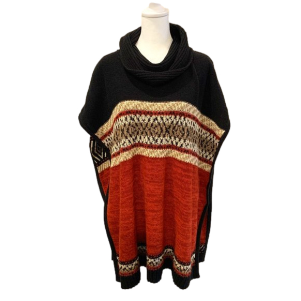 Sweater pullover shawl, cowl neck line, Red & Blue tight weave, open arm Med/ Lg